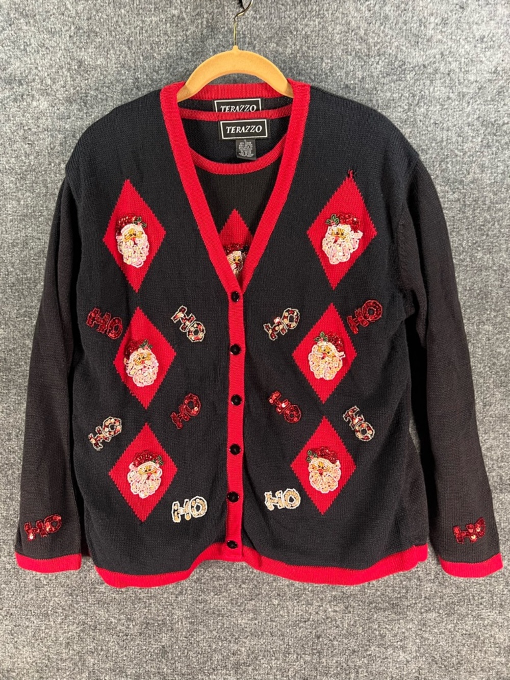 Vintage Christmas Santa Sequin Cardigan Sweater & Matching Sweater Vest Size L